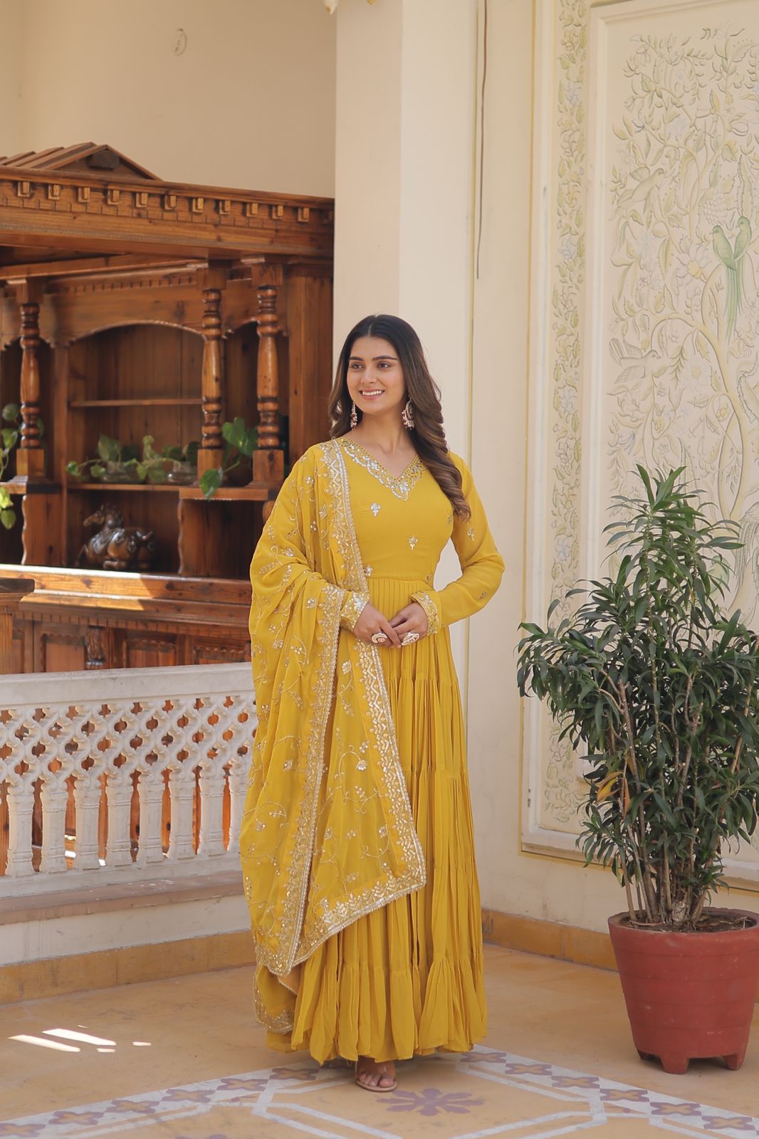 Ruffle Flair Embroidered Work Yellow Gown With Dupatta