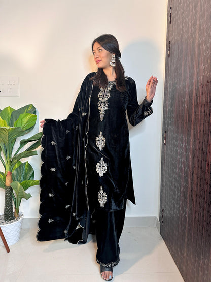 Black Color Thread Work Velvet Palazzo Suit