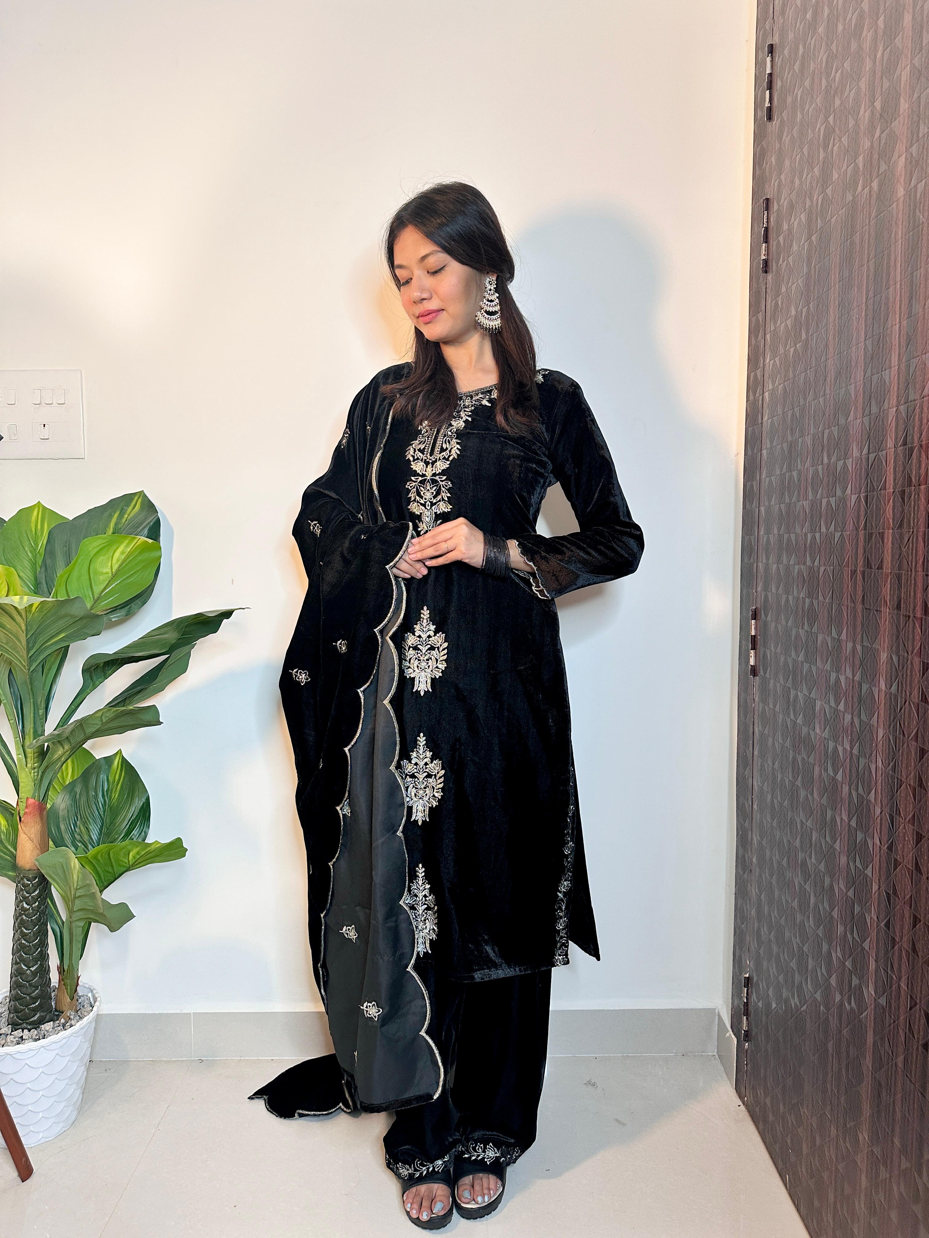 Black Color Thread Work Velvet Palazzo Suit