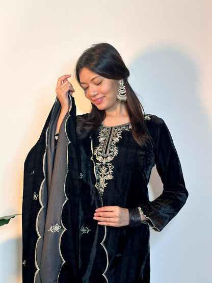 Black Color Thread Work Velvet Palazzo Suit