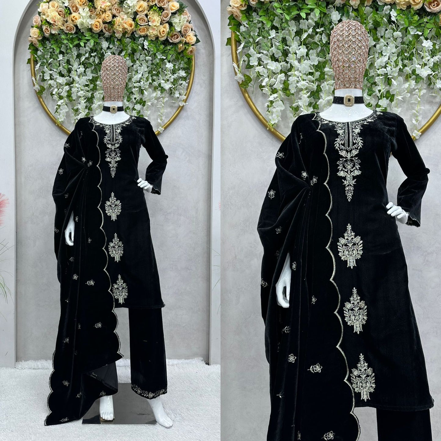 Black Color Thread Work Velvet Palazzo Suit