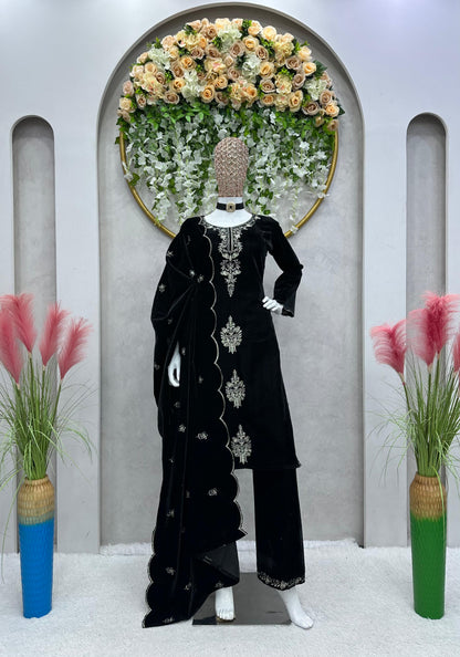 Black Color Thread Work Velvet Palazzo Suit