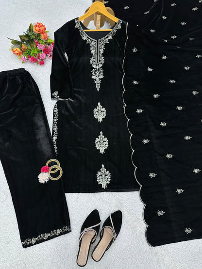 Black Color Thread Work Velvet Palazzo Suit