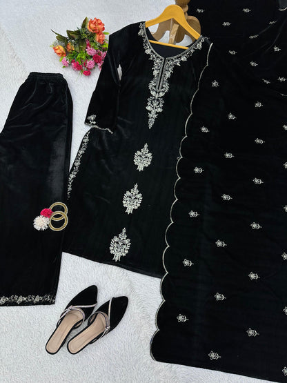 Black Color Thread Work Velvet Palazzo Suit