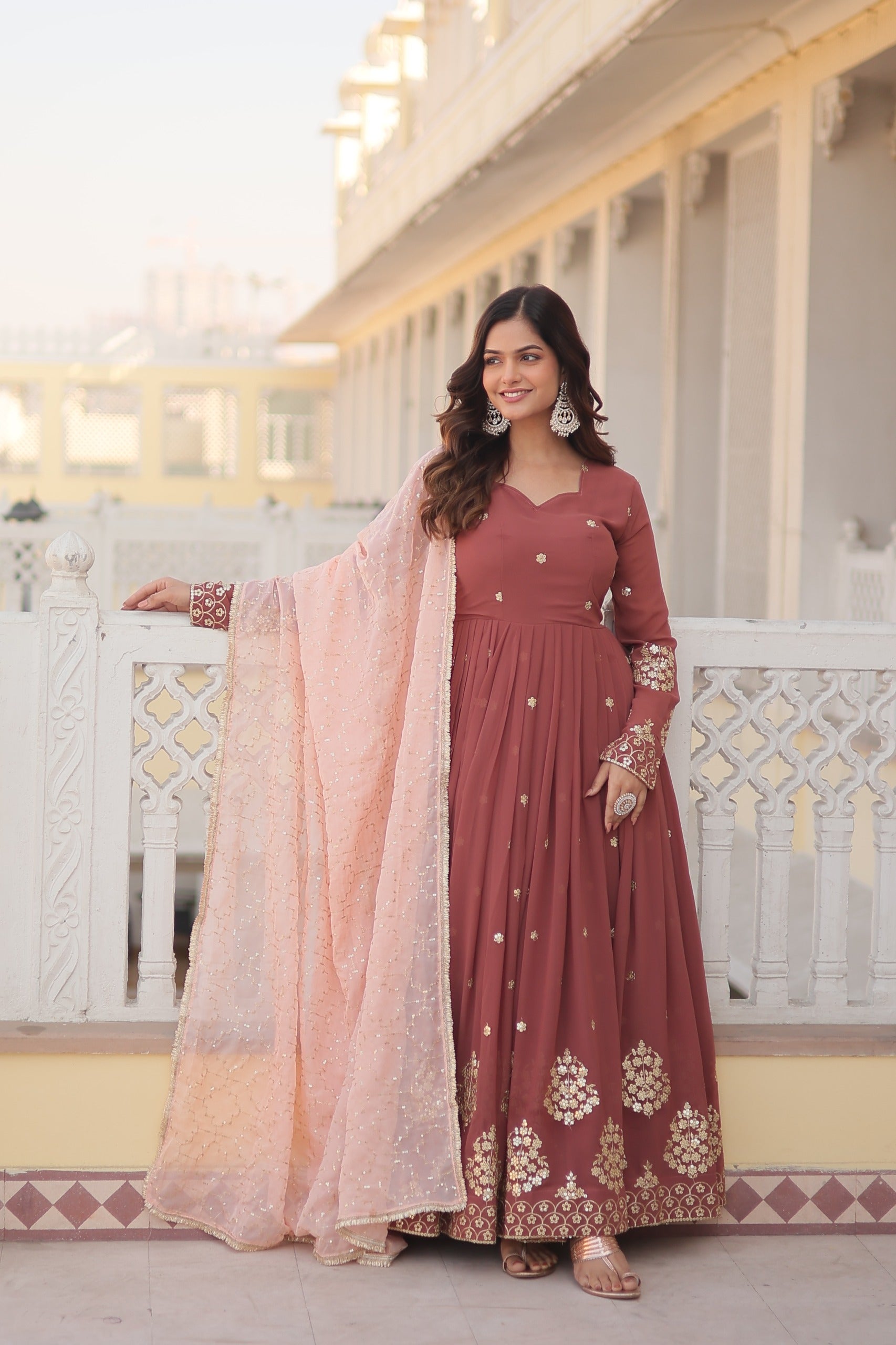 Luxuriant Zari With Sequence Work Chocolate Color Gown