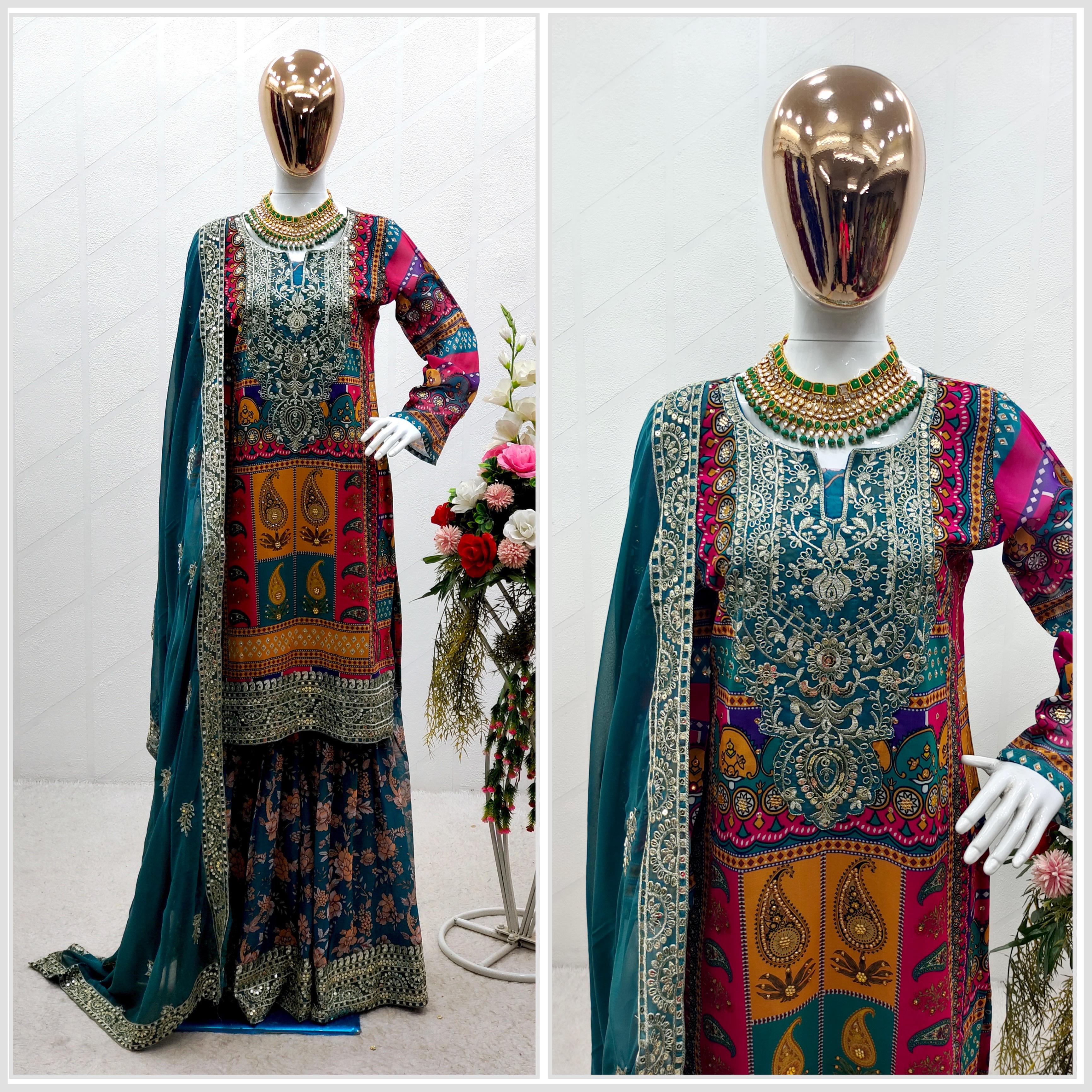 Digital Print With Work Multi Color Sharara Suit