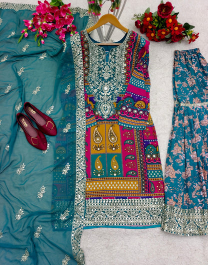 Digital Print With Work Multi Color Sharara Suit