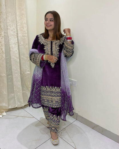 Punjabi Style Velvet Purple Color Salwar Suit