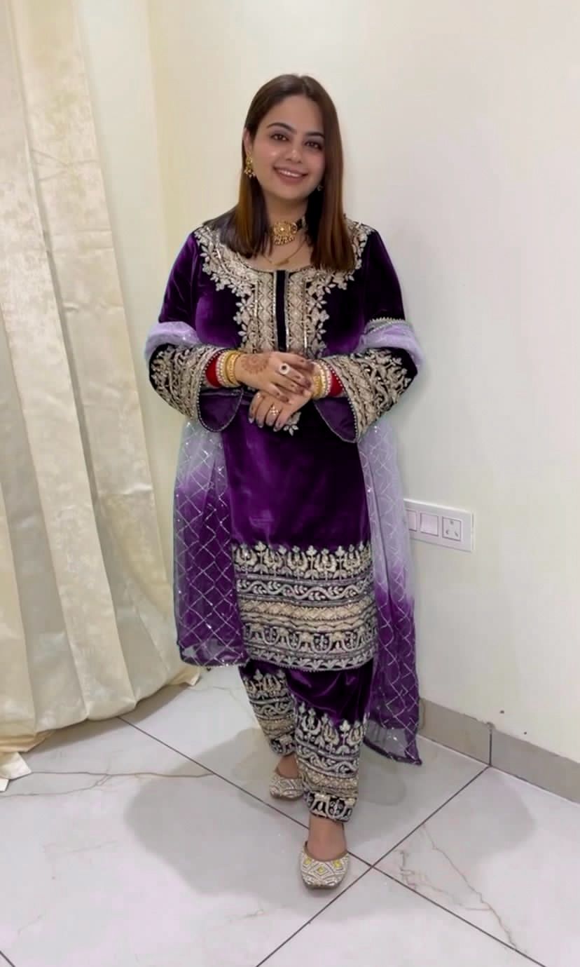 Punjabi Style Velvet Purple Color Salwar Suit