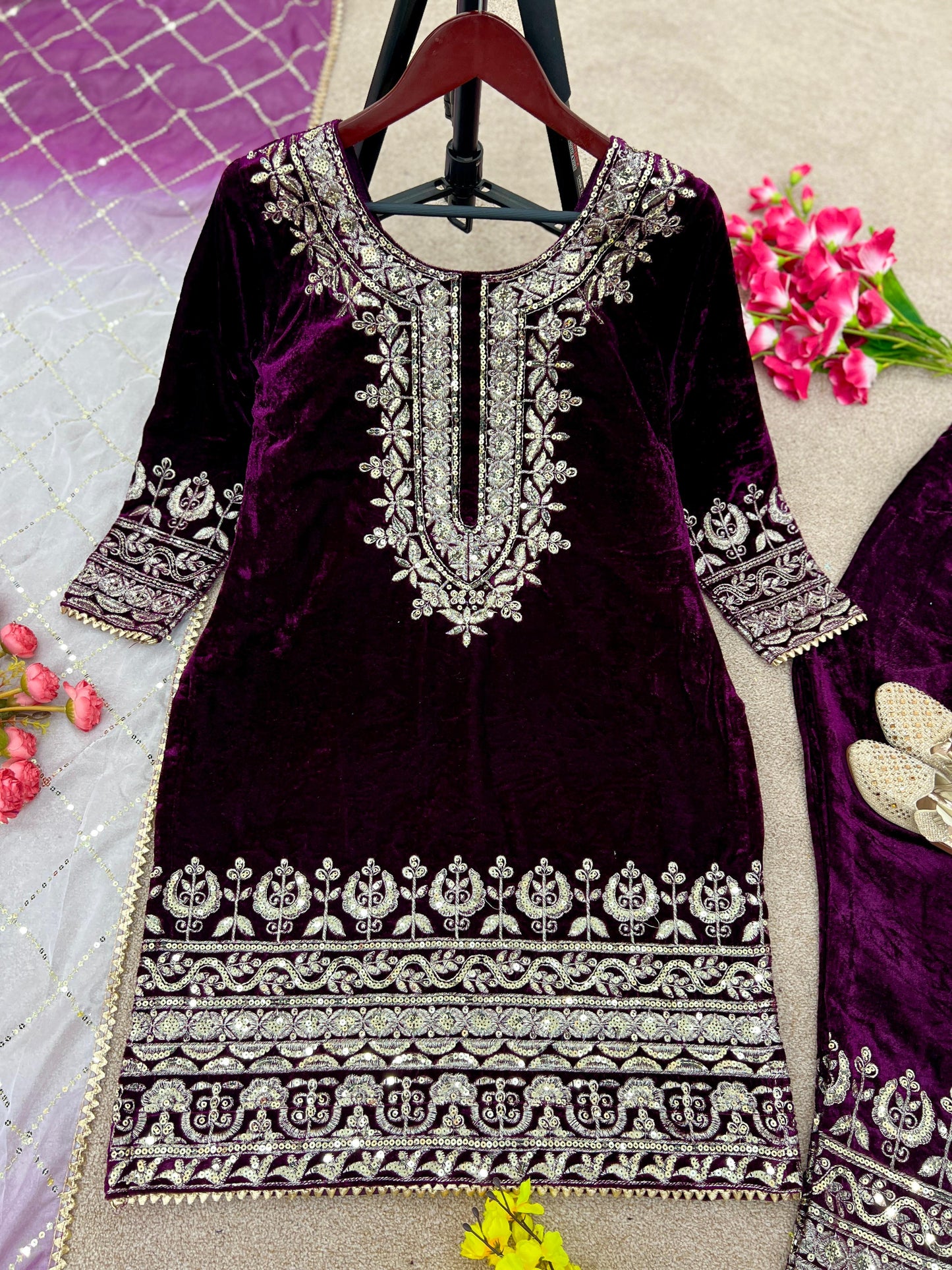 Punjabi Style Velvet Purple Color Salwar Suit