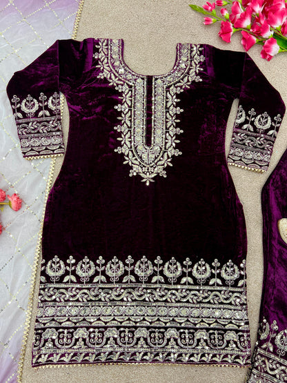 Punjabi Style Velvet Purple Color Salwar Suit