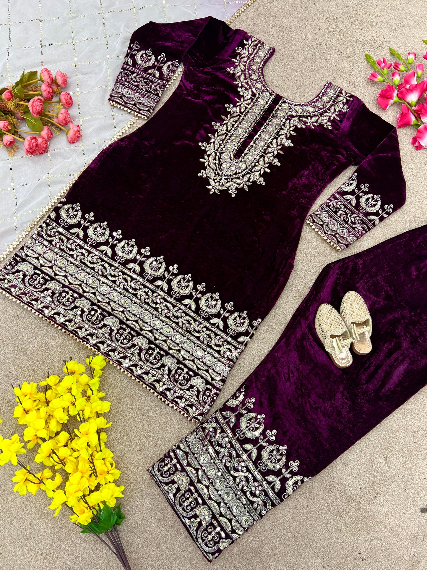 Punjabi Style Velvet Purple Color Salwar Suit