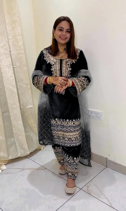 Punjabi Style Velvet Black Color Salwar Suit