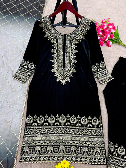 Punjabi Style Velvet Black Color Salwar Suit