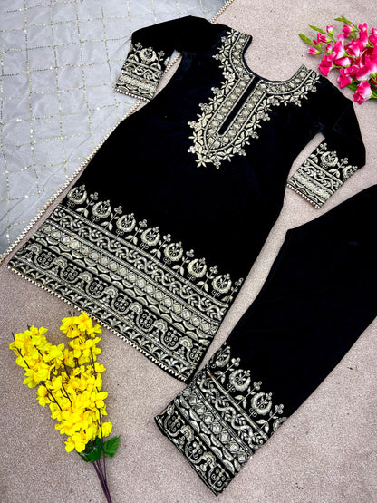 Punjabi Style Velvet Black Color Salwar Suit