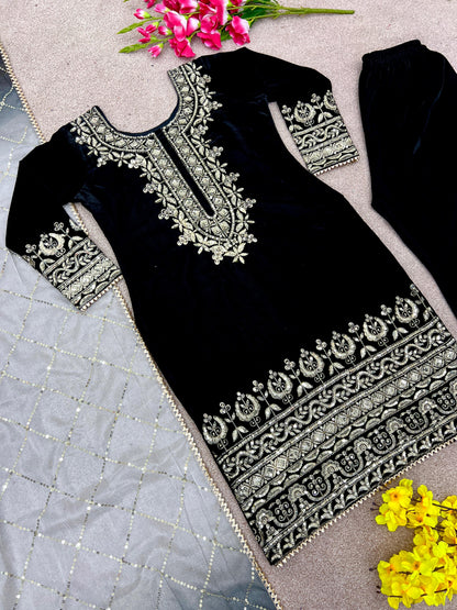 Punjabi Style Velvet Black Color Salwar Suit