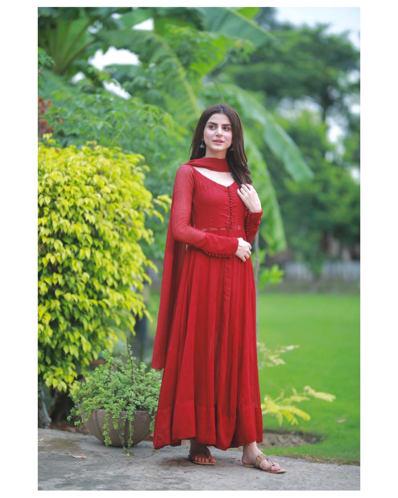 Red Color Plain Front Slit Georgette Silk Anarkali Suit