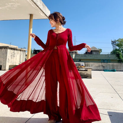 Red Color Plain Front Slit Georgette Silk Anarkali Suit