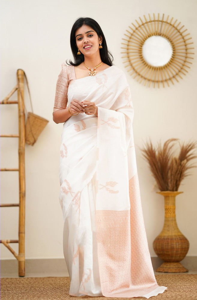 White Color Golden Zari Design Beautiful Rich Pallu Saree