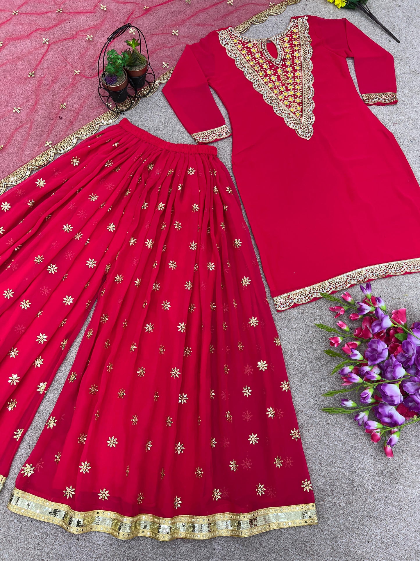 Occasion Wear Sequence Work Pink Color Georgette Sharara Suit