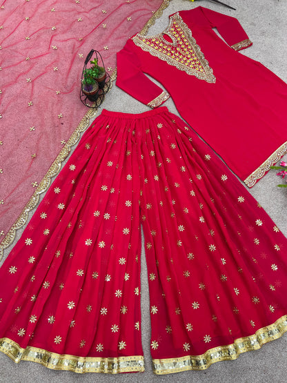 Occasion Wear Sequence Work Pink Color Georgette Sharara Suit