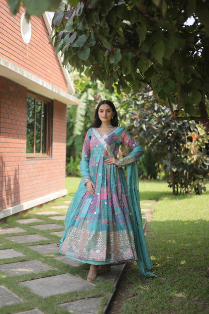 Aqua Blue Color Digital Print With Embroidery Work Gown