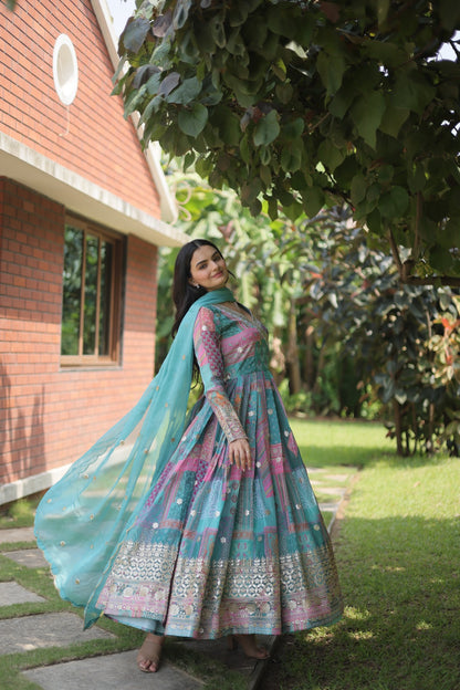 Aqua Blue Color Digital Print With Embroidery Work Gown