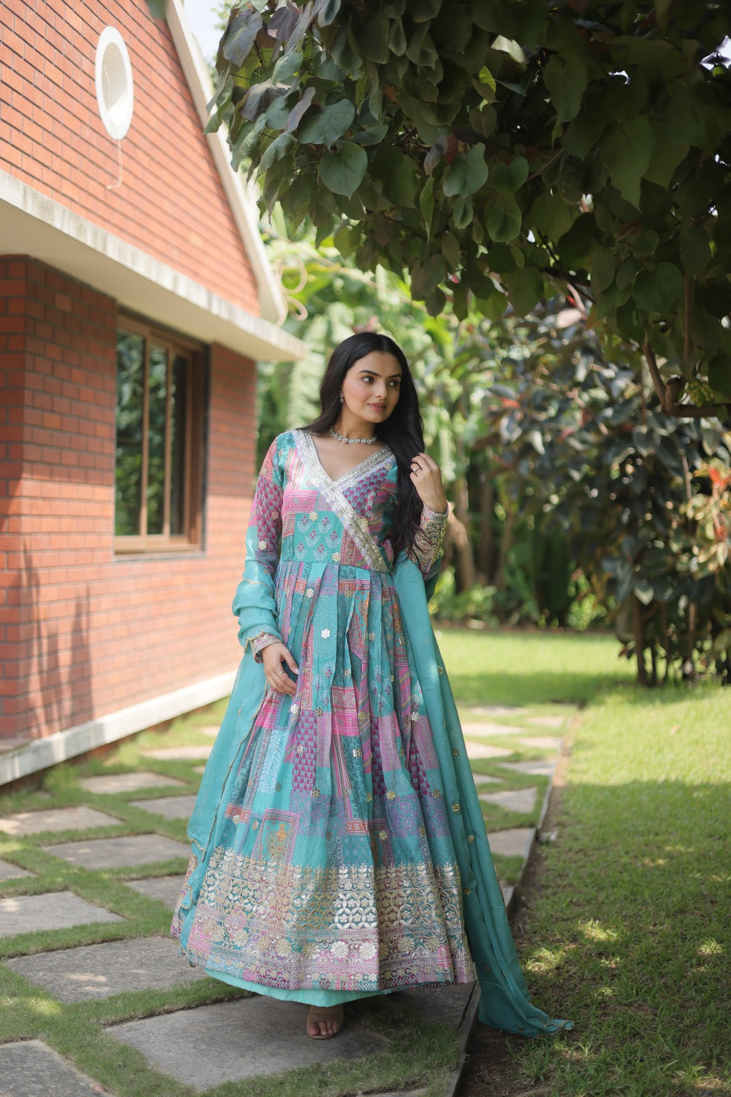 Aqua Blue Color Digital Print With Embroidery Work Gown