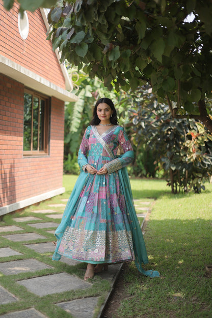 Aqua Blue Color Digital Print With Embroidery Work Gown