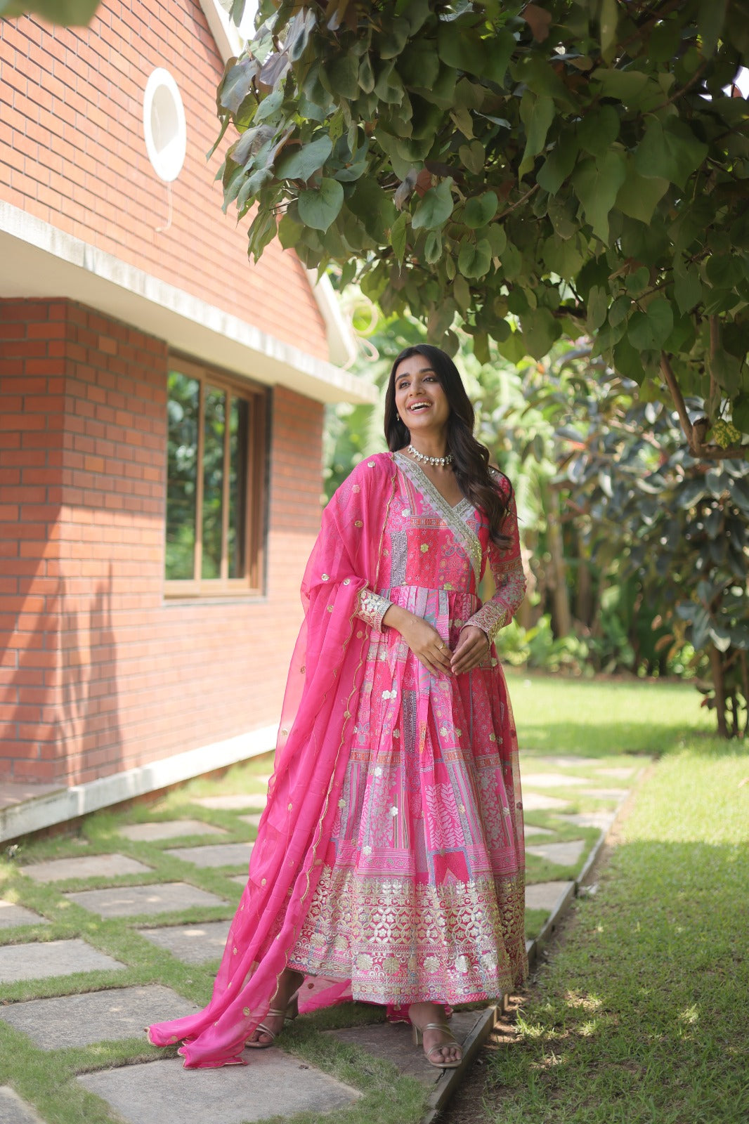 Pink Color Digital Print With Embroidery Work Gown
