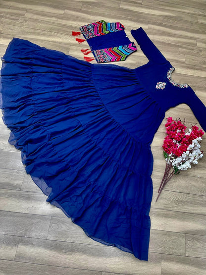 Ruffle Flair Blue Color Gown With Fancy Work Koti Mother Daughter Combo