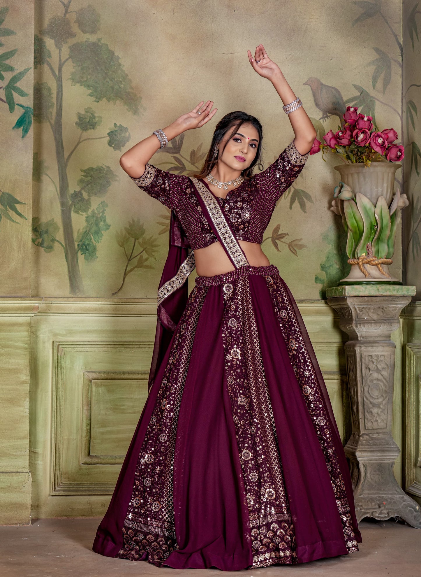 Wine Color Georgette Sequence Work Wedding Wear Lehenga choli