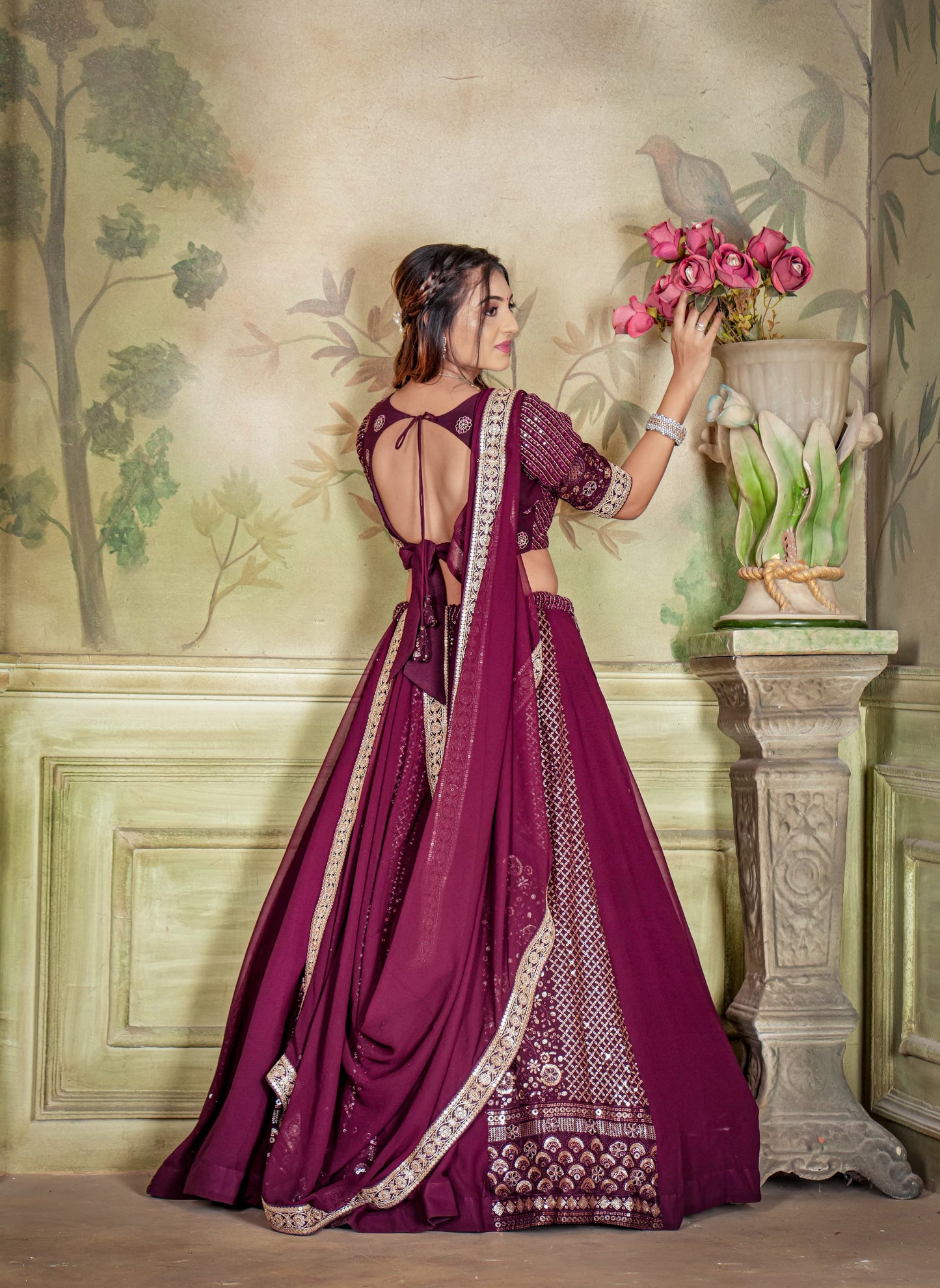 Wine Color Georgette Sequence Work Wedding Wear Lehenga choli