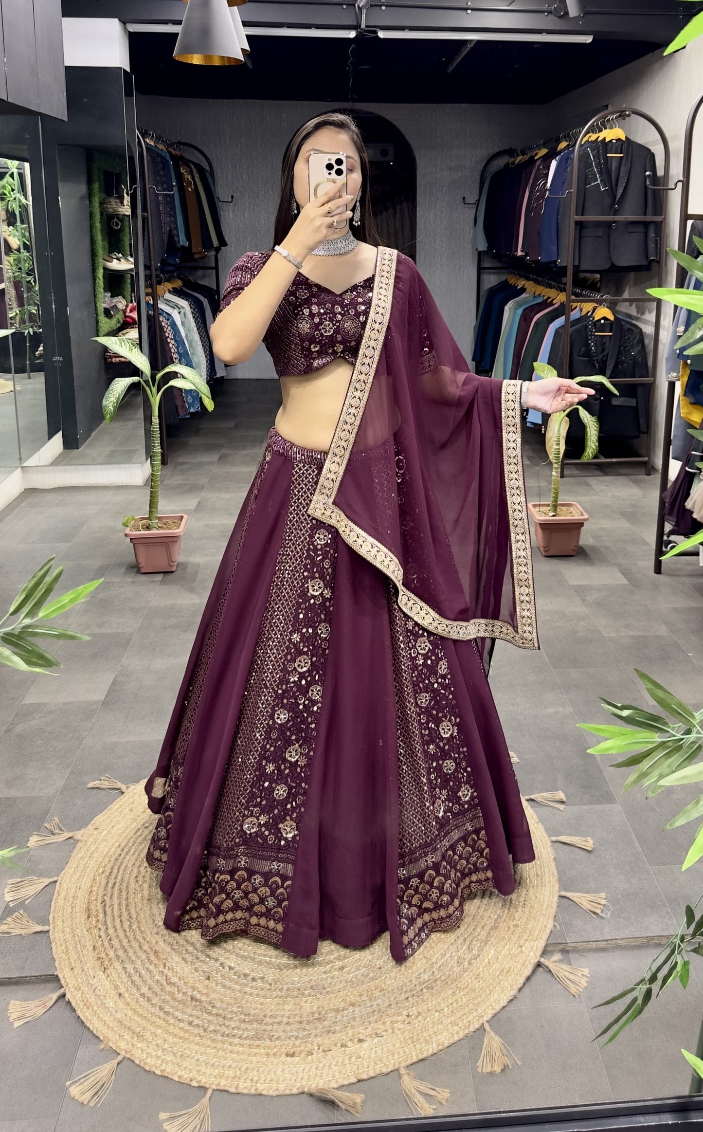 Wine Color Georgette Sequence Work Wedding Wear Lehenga choli