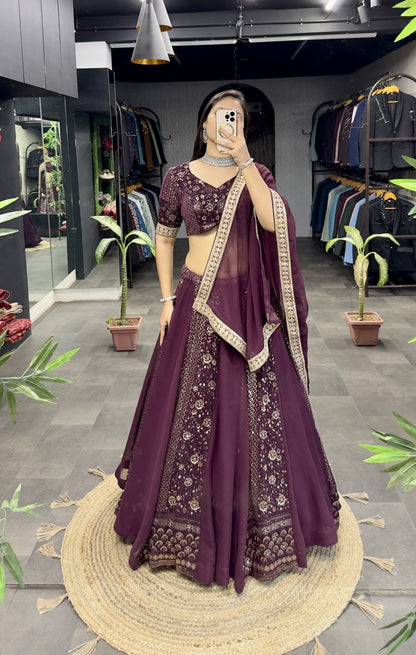 Wine Color Georgette Sequence Work Wedding Wear Lehenga choli