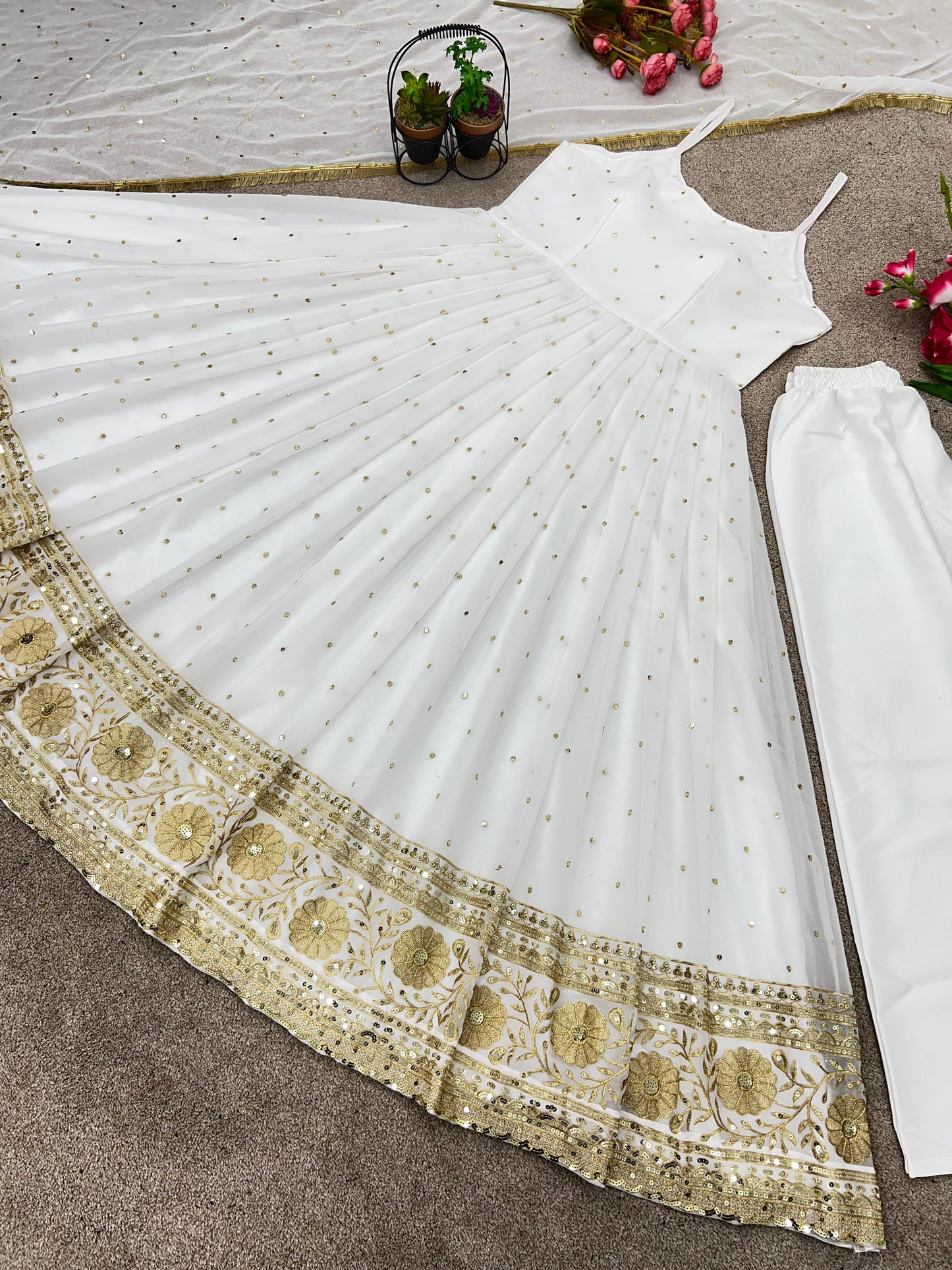 Heavy Embroidery And Sequence Work White Color Anarkali Suit