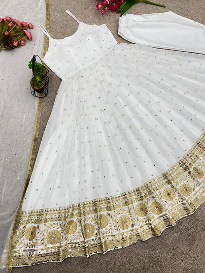 Heavy Embroidery And Sequence Work White Color Anarkali Suit