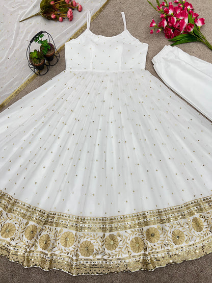 Heavy Embroidery And Sequence Work White Color Anarkali Suit