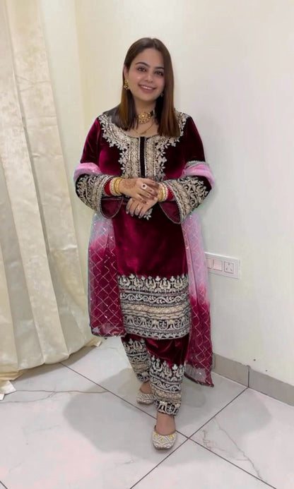 Punjabi Style Velvet Maroon Color Salwar Suit