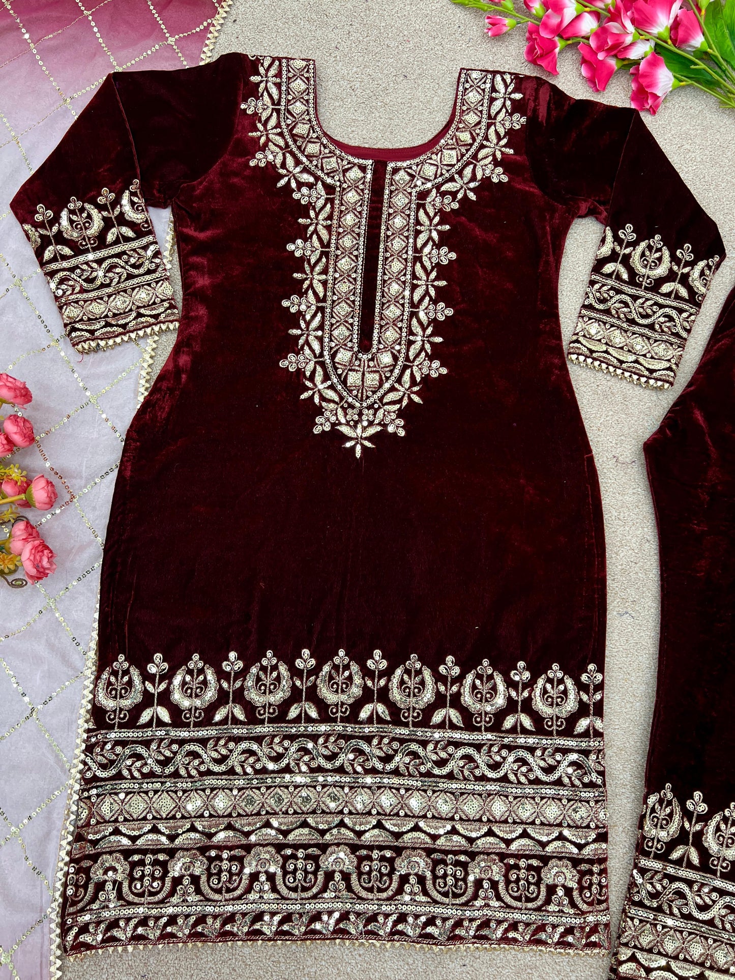 Punjabi Style Velvet Maroon Color Salwar Suit