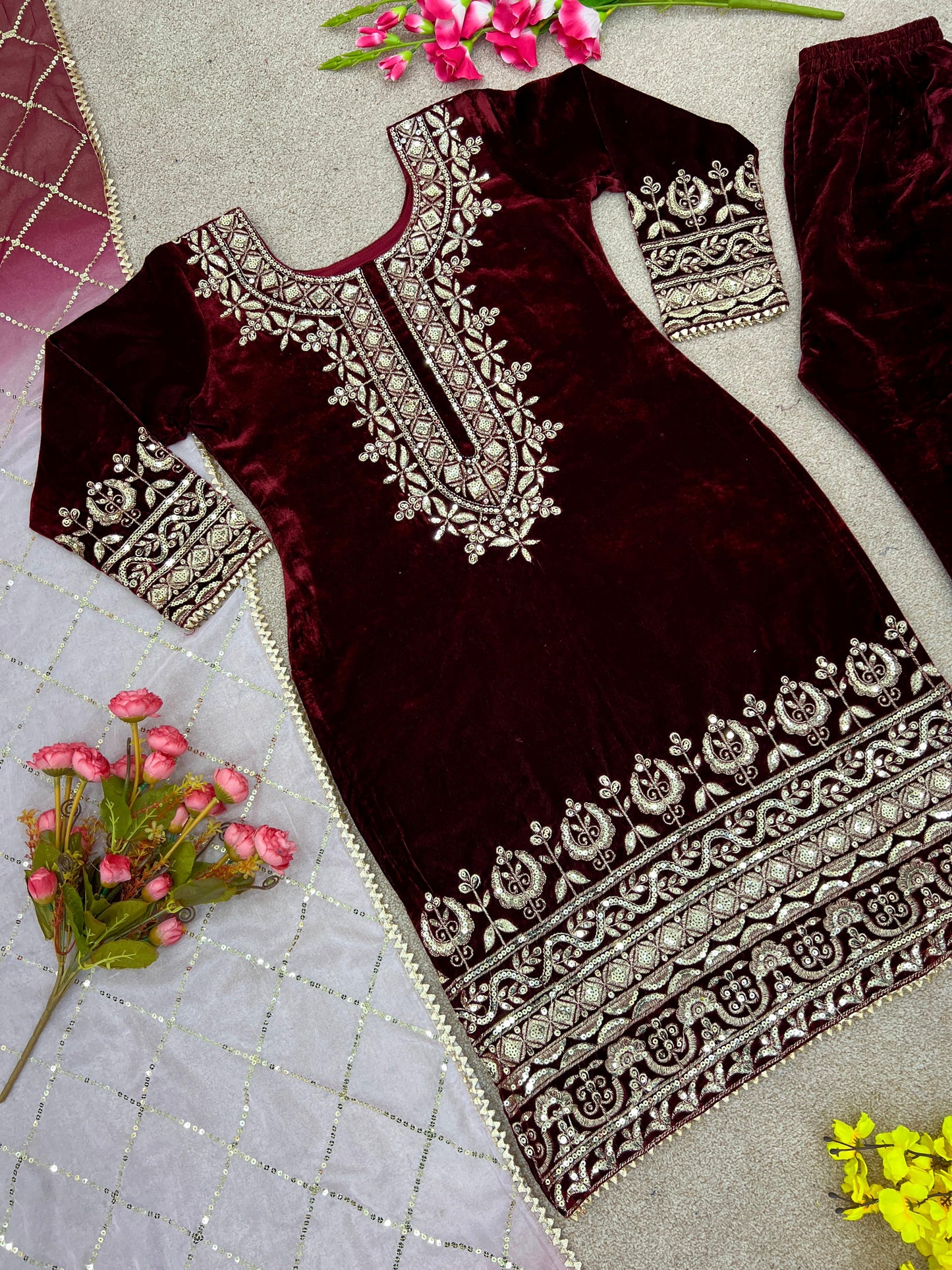 Punjabi Style Velvet Maroon Color Salwar Suit