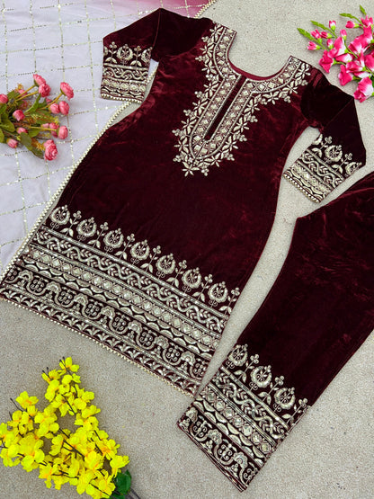 Punjabi Style Velvet Maroon Color Salwar Suit