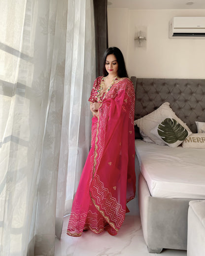 Exclusive Sequence Thread Work Pink Organza Silk Saree