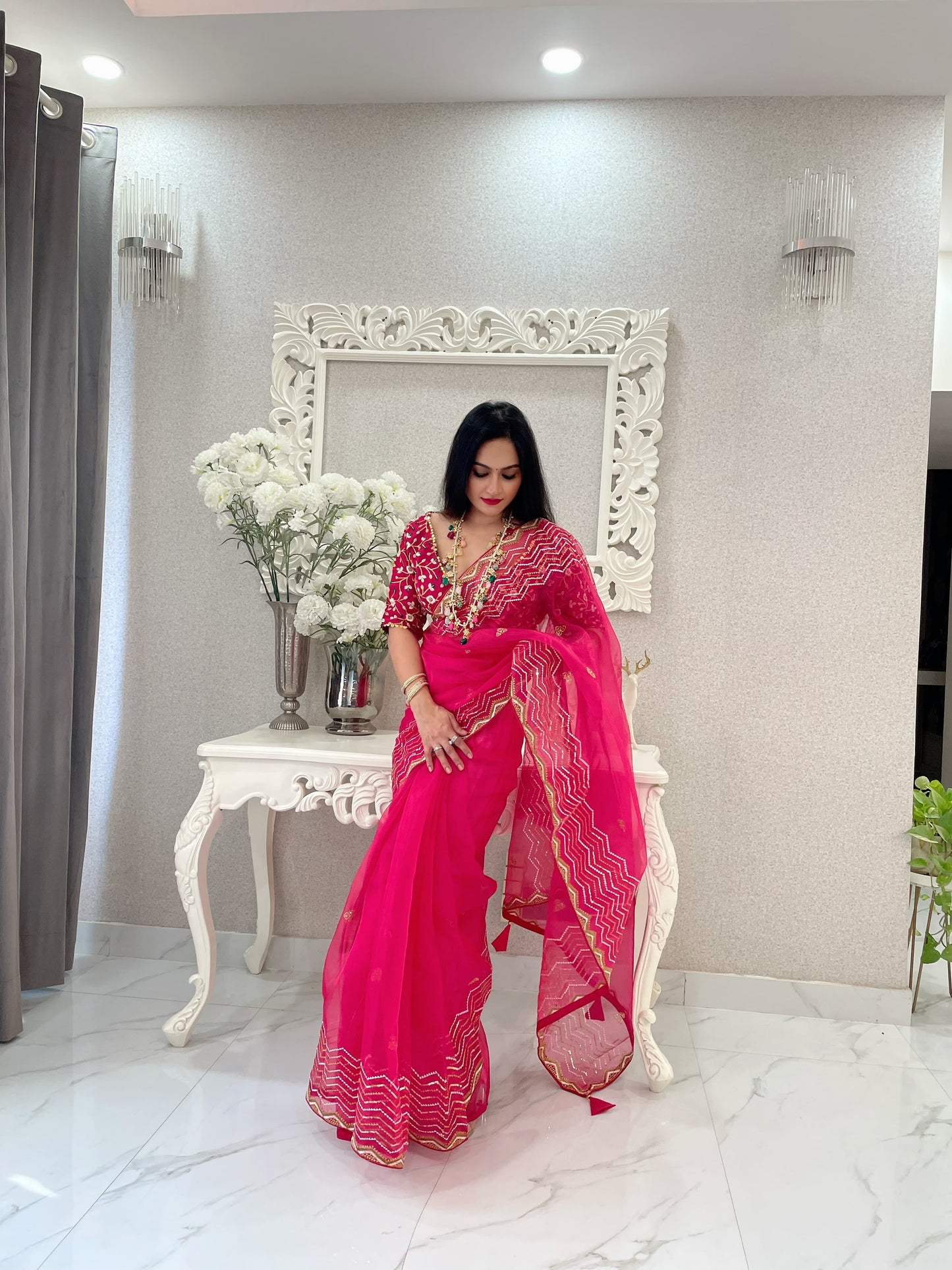 Exclusive Sequence Thread Work Pink Organza Silk Saree