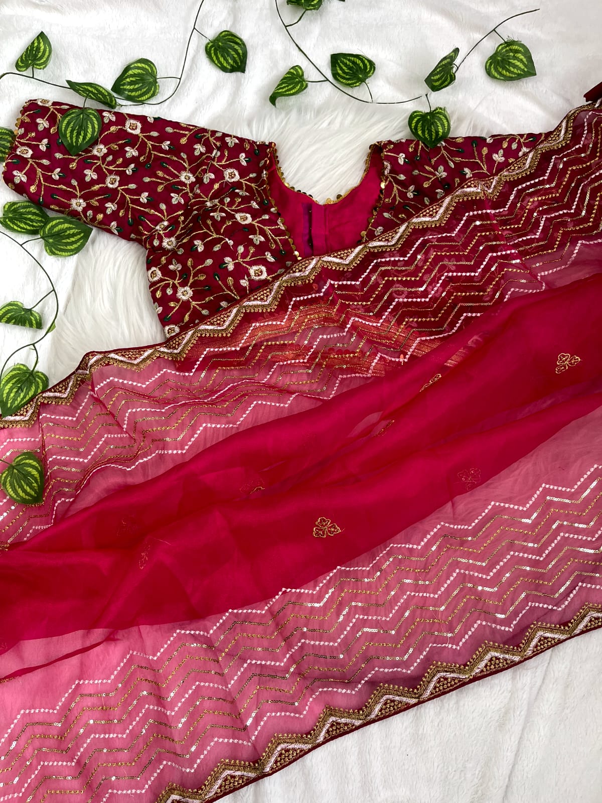 Exclusive Sequence Thread Work Pink Organza Silk Saree