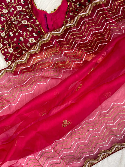 Exclusive Sequence Thread Work Pink Organza Silk Saree