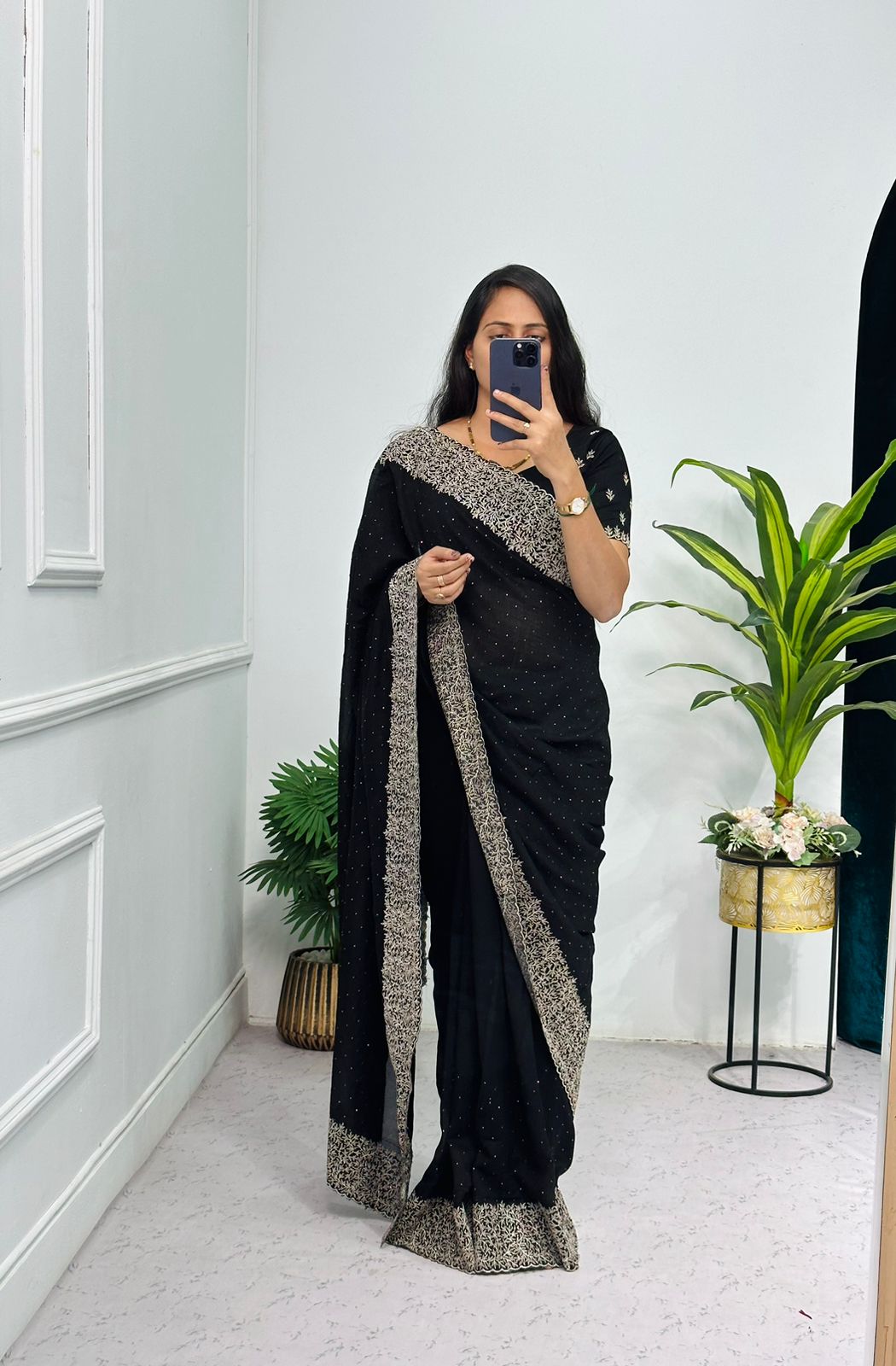 Black Color Embroidery Diamond Work Saree