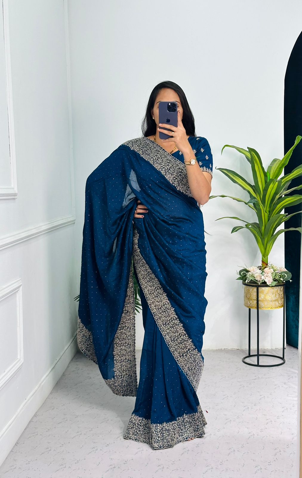 Teal Blue Color Embroidery Diamond Work Saree