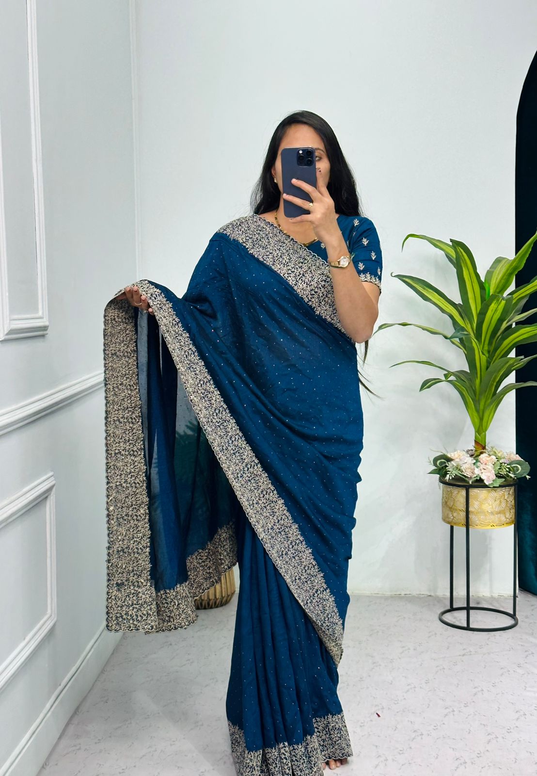 Teal Blue Color Embroidery Diamond Work Saree