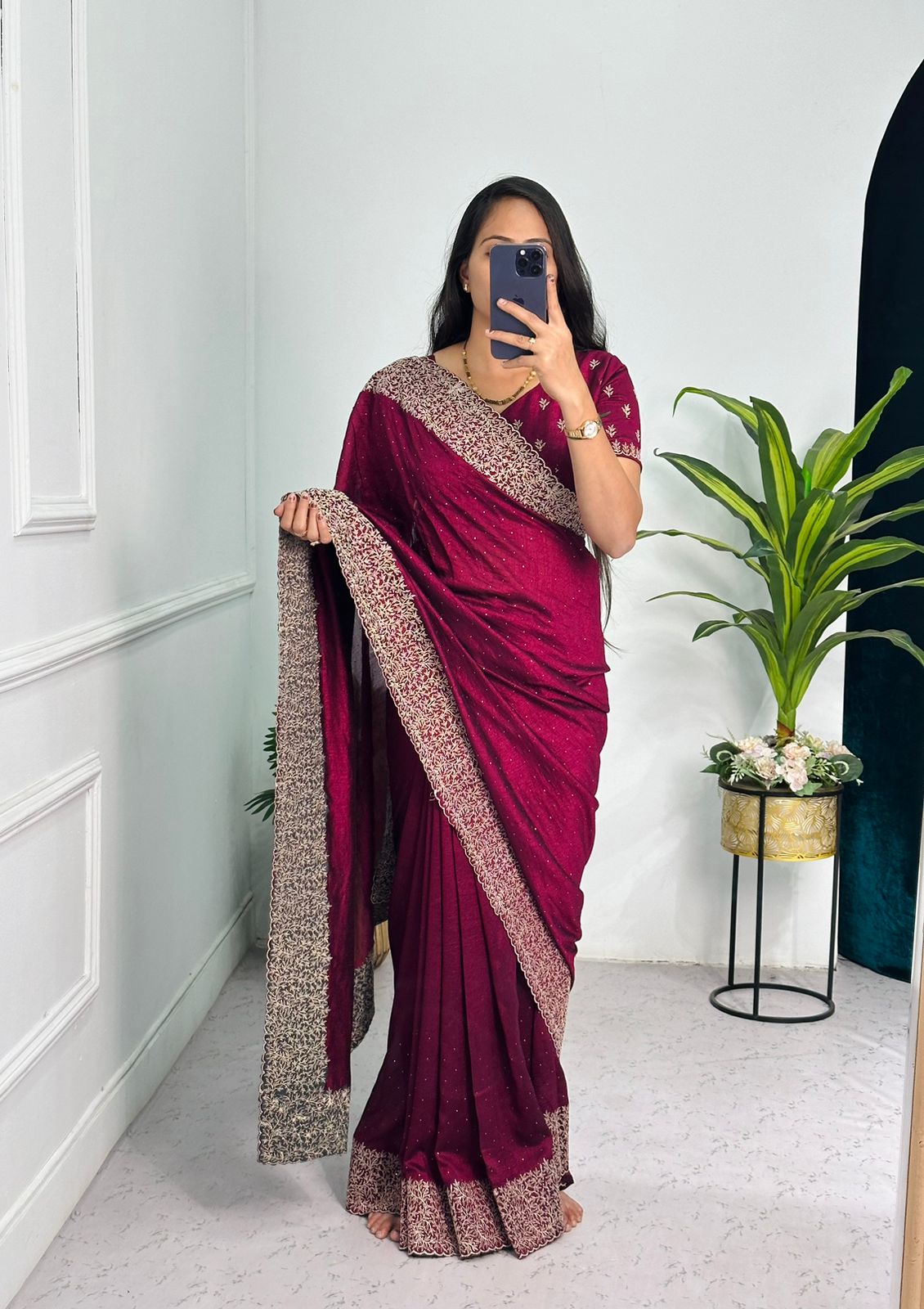 Wine Color Embroidery Diamond Work Saree